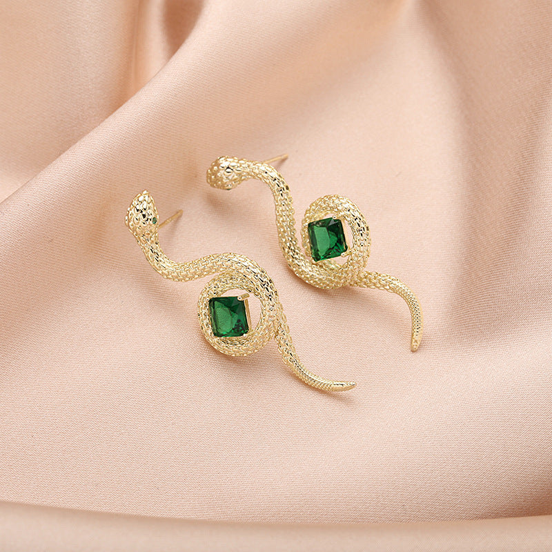 Jewelblings Vintage Style Green Stone Deco Curl Golden Snake Earrings
