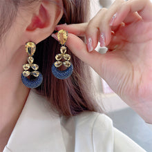 Load image into Gallery viewer, Jewelblings 1950s Vintage Style Long Yellow Pear Stone and Dark Blue Round Drop Earrings Color Block Fancy Jewelry
