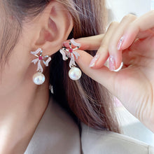Load image into Gallery viewer, Jewelblings Victorian Vintage Style Ribbon Bow and Pearl Drop Earrings
