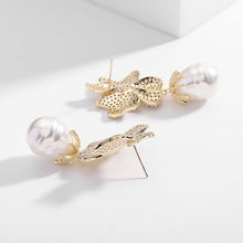 Load image into Gallery viewer, Jewelblings Baroque Vintage Full Micro Pave Dark Blue Flower and Pearl Drop Earrings Two Tone Jewelry
