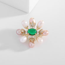 Load image into Gallery viewer, Jewelblings Traditional Japanese Vintage Pearls and Oval Green Stone Art Deco Brooch Pin Cardigan Shawl Wrap Cheongsam Accessory
