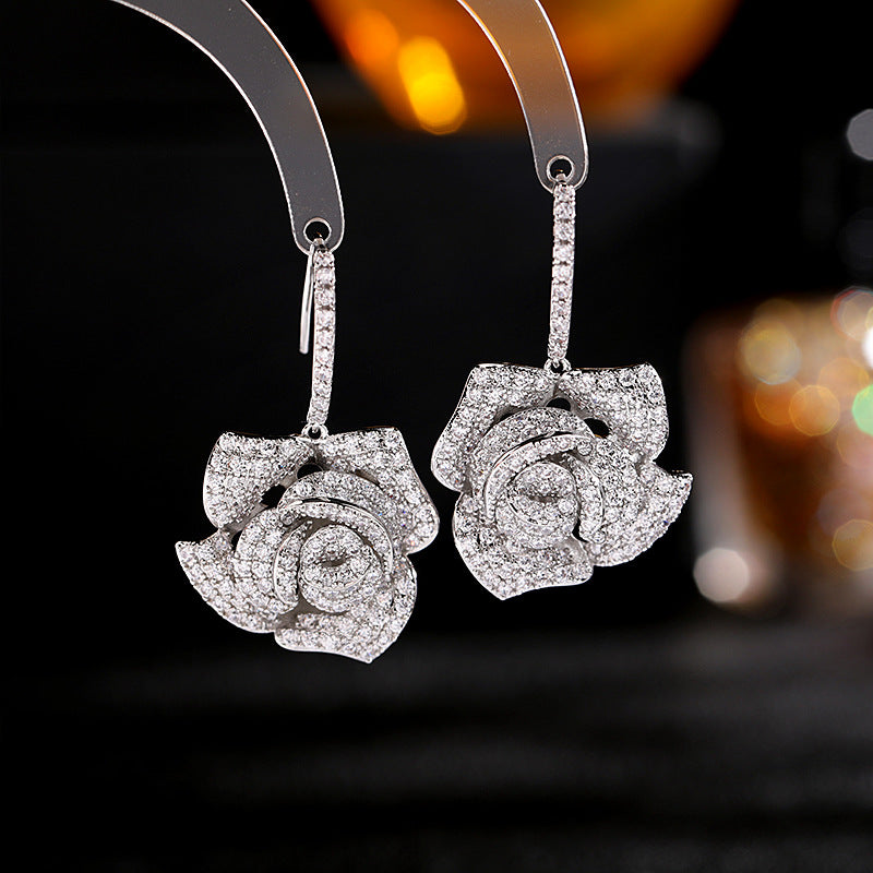 Jewelblings Gorgeous Full Micro Pave CZ Multi-Petal Blossom Clear White Rose Hook Earrings Floral Drop Earrings Jewelry