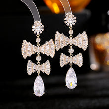 Load image into Gallery viewer, Jewelblings Victorian Vintage Long Baguette CZ Double Bow Teardrop Earrings

