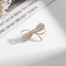 Load image into Gallery viewer, Jewelblings Stunning Golden Metal Ribbon and Micro Pave Bow Pin Collar Lapel Bowtie Pin Jewelry
