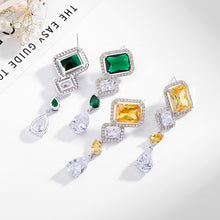 Load image into Gallery viewer, Jewelblings Designer Long Green and Clear Stone Teardrop Earrings Geometrical Jewelry for Formal Occasion Event
