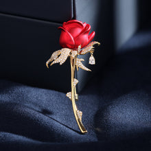 Load image into Gallery viewer, Jewelblings Romance Vintage CZ Accent Golden Leaf Long Stem Enchanting Red Rose Brooch Pin Valentine First Date Accessory
