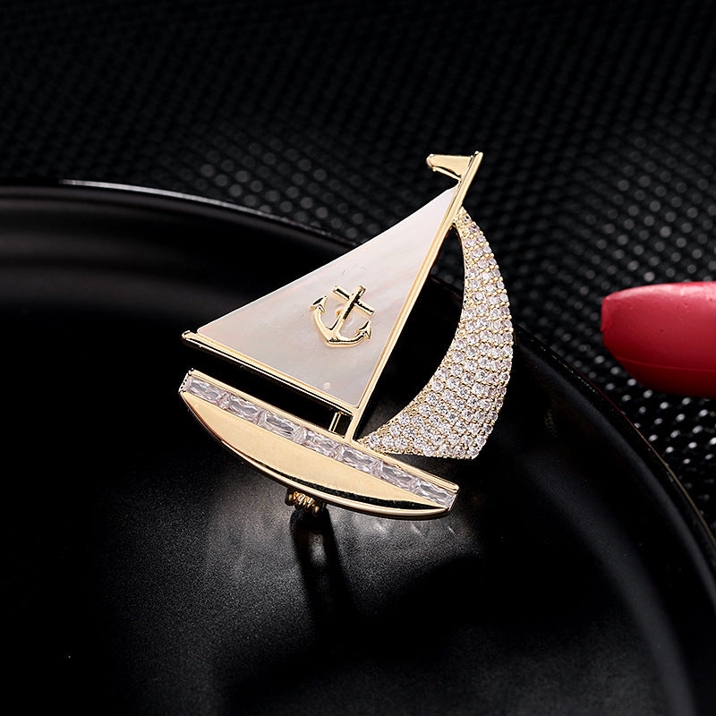 Jewelblings Chic Fashion Micro Pave and Mother of Pearl Sailboat Pin with Anchors Accent Unisex Jewelry