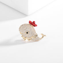 Load image into Gallery viewer, Jewelblings Lovely Gold Tone Full Micro Pave Clear CZ Black Eyes Whale Lapel Pin Collar Pin with Red Hat Marine Jewelry
