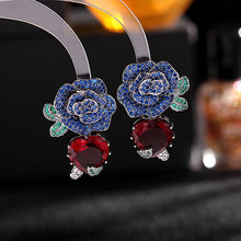Load image into Gallery viewer, Jewelblings Gorgeous Mulli-Petal Dark Blue Rose Flower and Blood Red Heart Earrings for Valentine Day Jewelry
