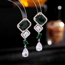Load image into Gallery viewer, Jewelblings Designer Long Green and Clear Stone Teardrop Earrings Geometrical Jewelry for Formal Occasion Event
