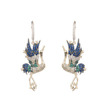 Load image into Gallery viewer, Jewelblings Fantasy Full Pave CZ Clear Green Blue Flap Wings Whooping Crane Clip Earrings Orane Bird Jewelry
