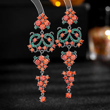 Load image into Gallery viewer, Jewelblings Splendour Vintage Long Trio Tiered Scroll Stone Clusters Chandelier Earrings Traditional Indian Style Jewelry
