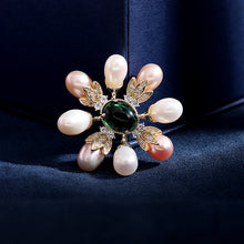 Load image into Gallery viewer, Jewelblings Traditional Japanese Vintage Pearls and Oval Green Stone Art Deco Brooch Pin Cardigan Shawl Wrap Cheongsam Accessory
