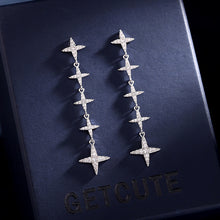 Load image into Gallery viewer, Jewelblings Glitter Long Linear Five-Tiered Four Point Stars Drop Earrings Cross Shaped Lightweight Jewelry
