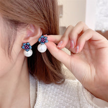 Load image into Gallery viewer, Jewelblings Baroque Vintage Style Hot Pink Pistil Dark Blue Flower and Pearl Stud Earrings Fairy Jewelry
