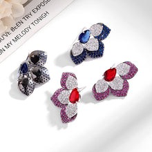 Load image into Gallery viewer, Jewelblings Fantastic Pear Stone Deco Clear and Blue Trio Petal Stud Earrings Half Flower Jewelry
