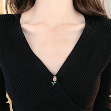 Load image into Gallery viewer, Jewelblings Exquisite Short Golden Stem Green Leaves Pink Tulip Stab Needle Pin Cardigan Lightweight Coat Accessory
