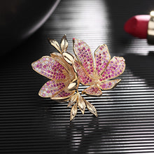 Load image into Gallery viewer, Jewelblings Gorgeous Gold Tone Full Micro Pave CZ Double Pink Orchid Flower Brooch Pin
