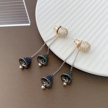 Load image into Gallery viewer, Jewelblings Fantastic Long Chain Tassel Blue and Green Double Bell Drop Earrings Winter Holiday Jewelry
