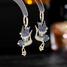 Load image into Gallery viewer, Jewelblings Fantasy Full Pave CZ Clear Green Blue Flap Wings Whooping Crane Clip Earrings Orane Bird Jewelry
