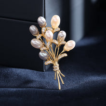 Load image into Gallery viewer, Elegant Gold Tied Stem Gray Pink Pearl Flower Bud Bouquet Brooch Pin Wedding Accessory
