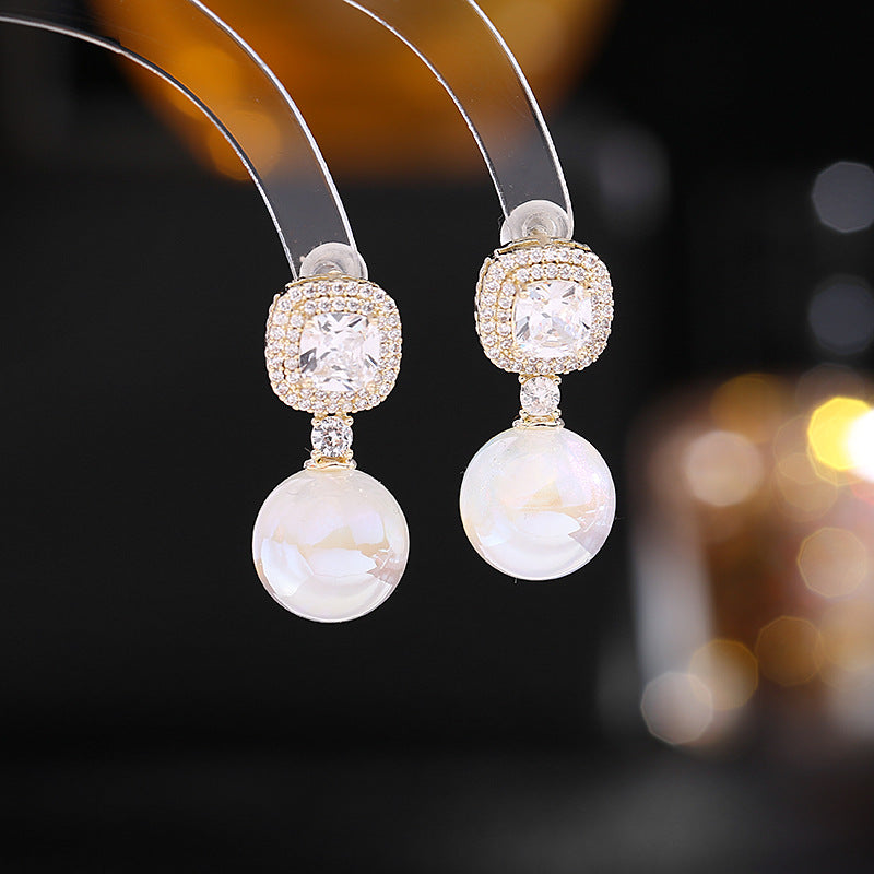 Jewelblings Classic Vintage Embellishment Square Stone and Iridescent Nacreous Luster Ball Drop Earrings Wedding Accessory