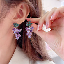Load image into Gallery viewer, Jewelblings Pretty Green Leaf Round Cut CZ Purple Grape Drop Earrings Garden Fruit Jewelry
