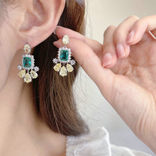 Load image into Gallery viewer, Jewelblings Old European Inspiration Faceted Green Stone Earrings with Trio Yellow Pear Stone Hemmed Color Blocking Jewelry
