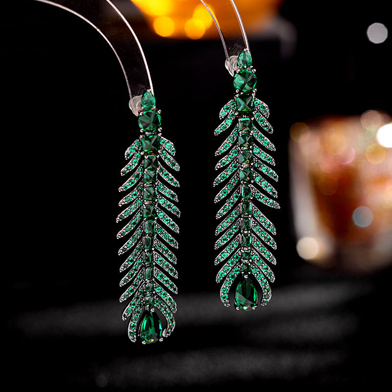 Jewelblings Gothic Black Tone Long Full Pave Green Peacock Feather Drop Earrings Chic Fashion Jewelry