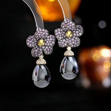 Load image into Gallery viewer, Jewelblings Gothic Vintage Purple Flower and Black Pearl Drop Earrings Costume Floral Accessory
