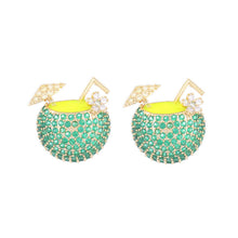 Load image into Gallery viewer, Jewelblings Hawaiian Beach Style Full Pave CZ Green Coconut Juice Cocktail Drink Earrings Creative Design Summer Jewelry
