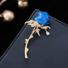 Load image into Gallery viewer, Jewelblings Romance Vintage CZ Accent Golden Leaf Long Stem Enchanting Red Rose Brooch Pin Valentine First Date Accessory

