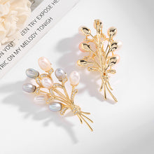 Load image into Gallery viewer, Elegant Gold Tied Stem Gray Pink Pearl Flower Bud Bouquet Brooch Pin Wedding Accessory
