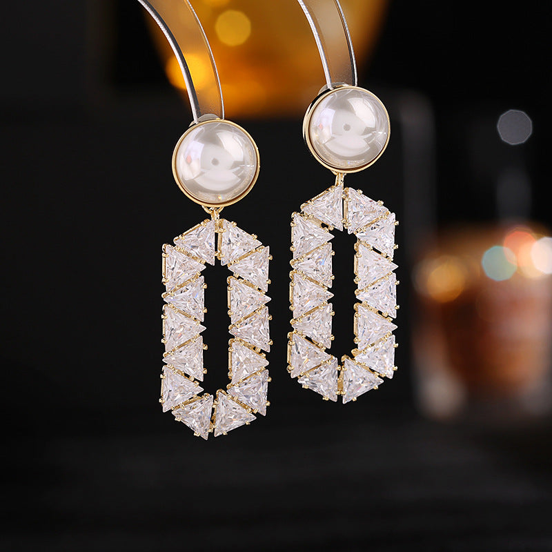 Modern Fashion Pearl Triangle Stone Accent Hexagon Drop Earrings Geometrical Trendy Jewelry