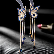 Load image into Gallery viewer, Jewelblings Stunning Vivid Dancing Blue Butterfly Earrings with Trio Tassel Drop Formal Dress Insect Jewelry
