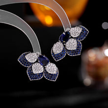 Load image into Gallery viewer, Jewelblings Fantastic Pear Stone Deco Clear and Blue Trio Petal Stud Earrings Half Flower Jewelry
