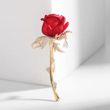 Load image into Gallery viewer, Jewelblings Romance Vintage CZ Accent Golden Leaf Long Stem Enchanting Red Rose Brooch Pin Valentine First Date Accessory
