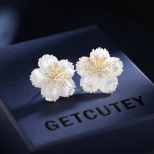 Load image into Gallery viewer, Jewelblings Elegant Golden and Clear CZ Pistil White Mother of Pearl Plum Stud Earrings Cherry Blossom Japanese Sakura Jewelry
