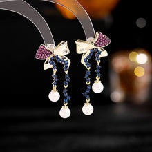 Load image into Gallery viewer, Jewelblings Fashion Designer Metal and Pave CZ Ribbon Bow Blue Tassel Pearl Drop Earrings Color Blocking Jewelry
