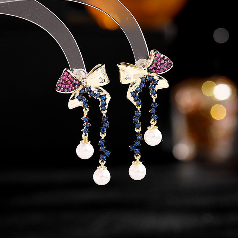 Jewelblings Fashion Designer Metal and Pave CZ Ribbon Bow Blue Tassel Pearl Drop Earrings Color Blocking Jewelry