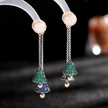 Load image into Gallery viewer, Jewelblings Fantastic Long Chain Tassel Blue and Green Double Bell Drop Earrings Winter Holiday Jewelry
