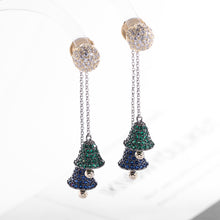 Load image into Gallery viewer, Jewelblings Fantastic Long Chain Tassel Blue and Green Double Bell Drop Earrings Winter Holiday Jewelry
