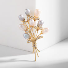 Load image into Gallery viewer, Elegant Gold Tied Stem Gray Pink Pearl Flower Bud Bouquet Brooch Pin Wedding Accessory
