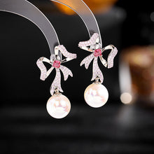 Load image into Gallery viewer, Jewelblings Victorian Vintage Style Ribbon Bow and Pearl Drop Earrings
