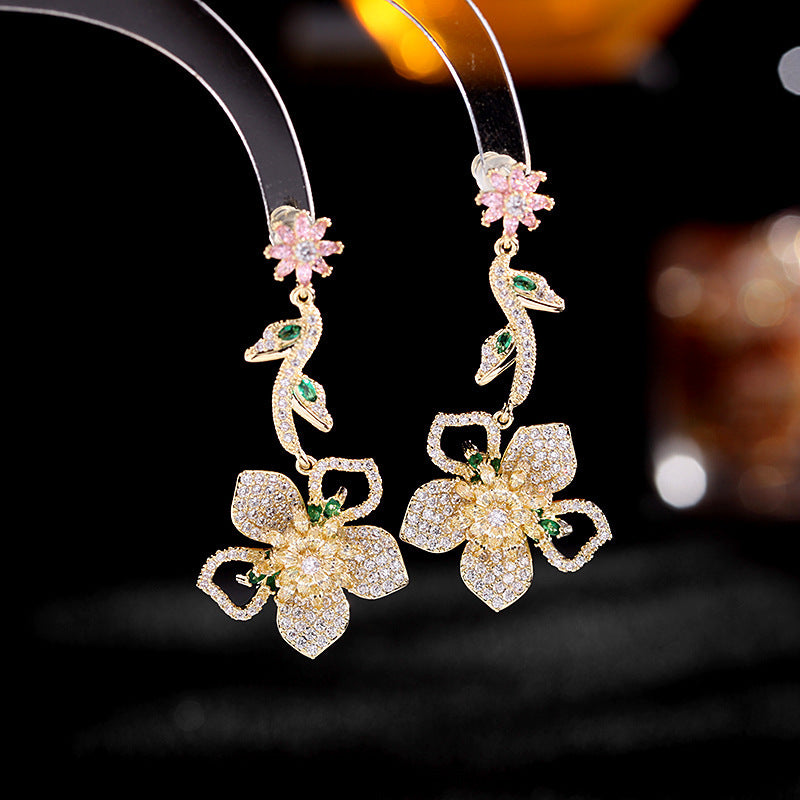 Jewelblings Exquisite Green Leaf Golden Vine Yellow Flower Drop Earrings Luxury Formal Event Ball Dinner Accessory