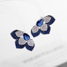Load image into Gallery viewer, Jewelblings Fantastic Pear Stone Deco Clear and Blue Trio Petal Stud Earrings Half Flower Jewelry
