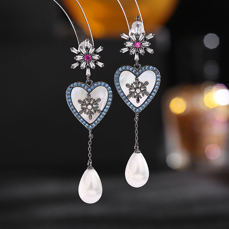 Jewelblings Old European Vintage Snowflake Heart Pearl Drop Earrings Costume Wedding Accessory