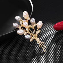 Load image into Gallery viewer, Elegant Gold Tied Stem Gray Pink Pearl Flower Bud Bouquet Brooch Pin Wedding Accessory
