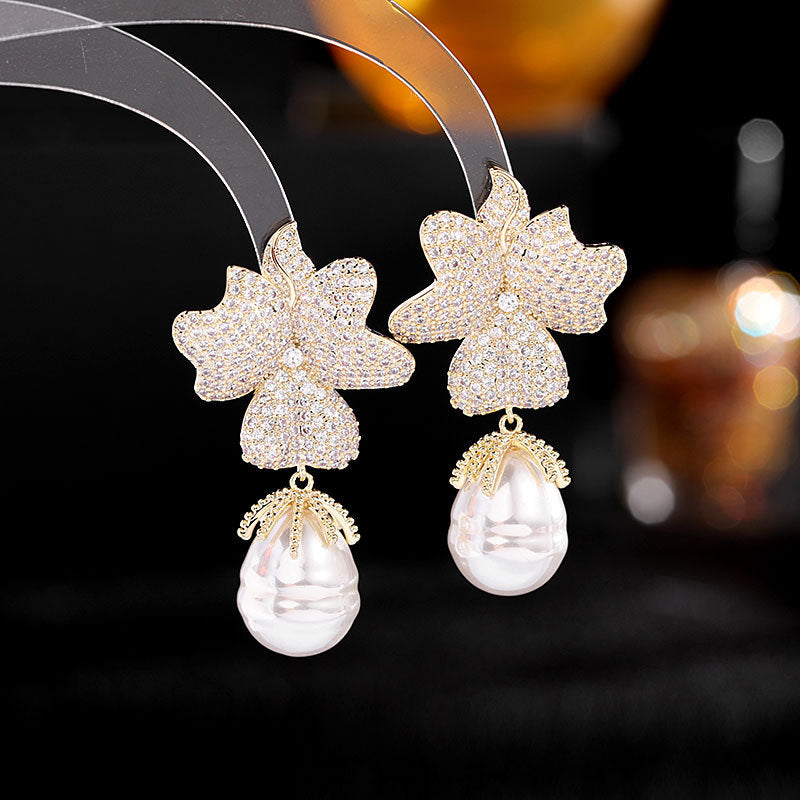 Jewelblings Baroque Vintage Full Micro Pave Dark Blue Flower and Pearl Drop Earrings Two Tone Jewelry