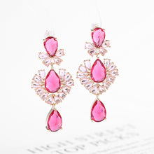 Load image into Gallery viewer, Jewelblings Delicate Trio Tiered Pear Shaped CZ Accent Hot Pink Chandelier Earrings for Theme Party
